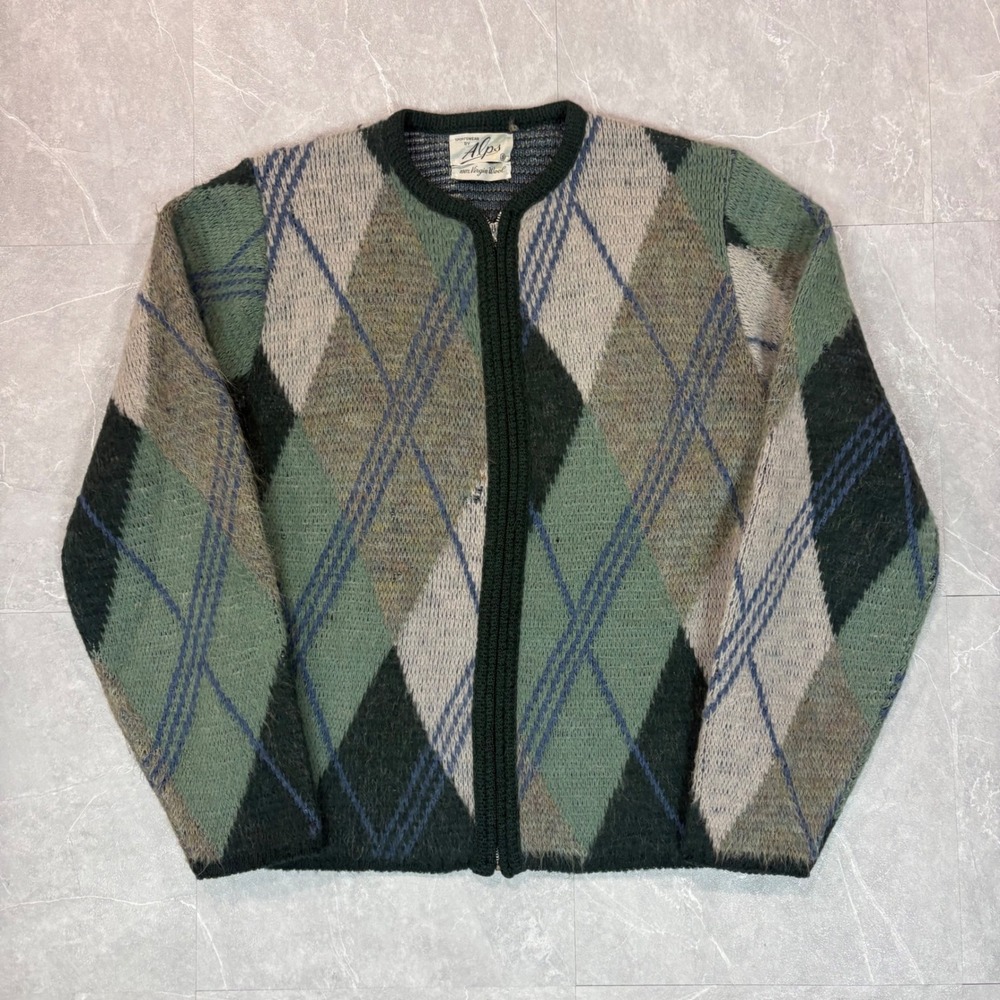Vintage Alps Sportswear Virgin Wool Argyle Full Zip Cardigan Sweater Green Small
